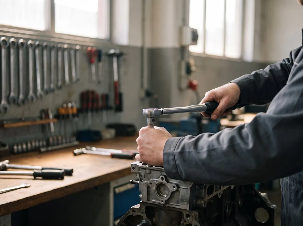 Auszubildender zieht in einer Kfz-Werkstatt eine Schraube am Motorblock fest